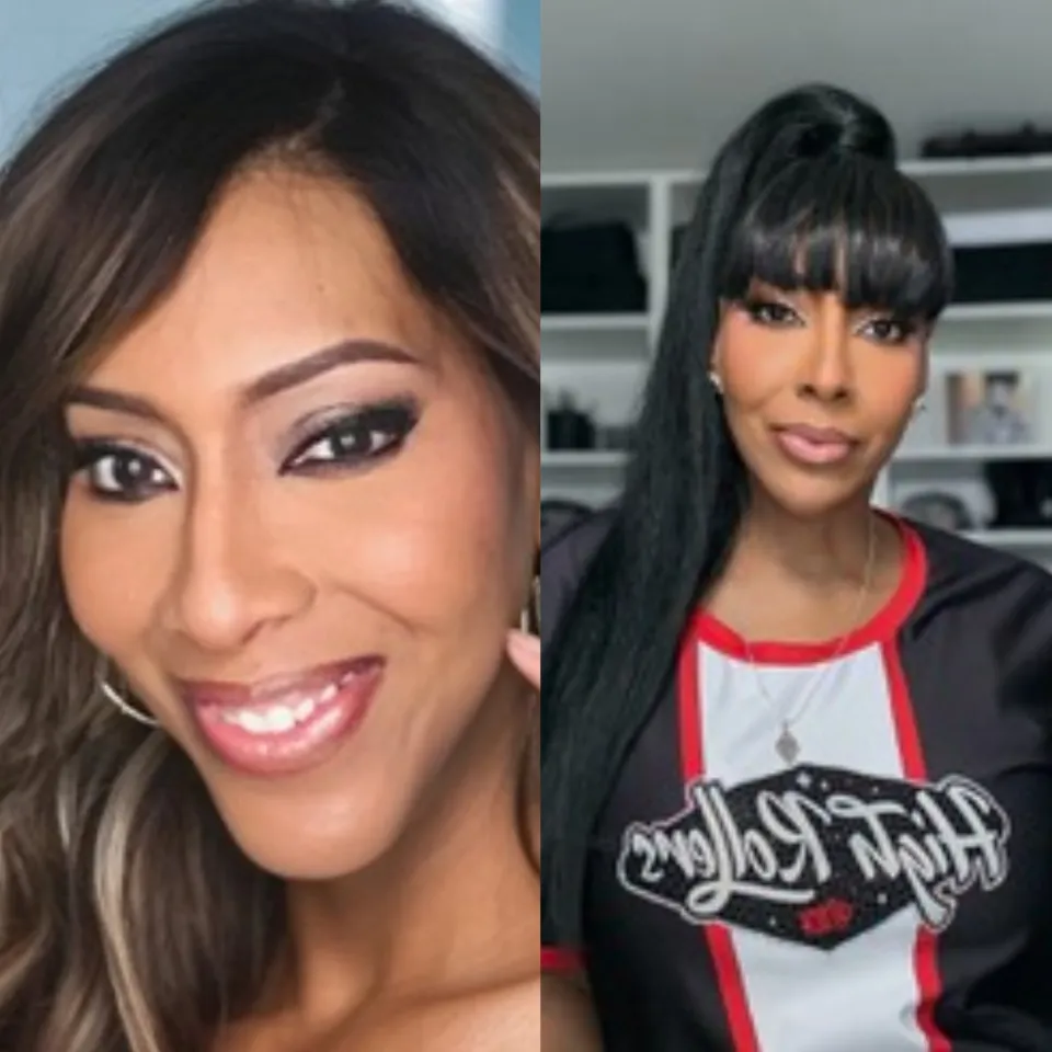 Split image of two women smiling, one with long hair and the other in a ponytail.