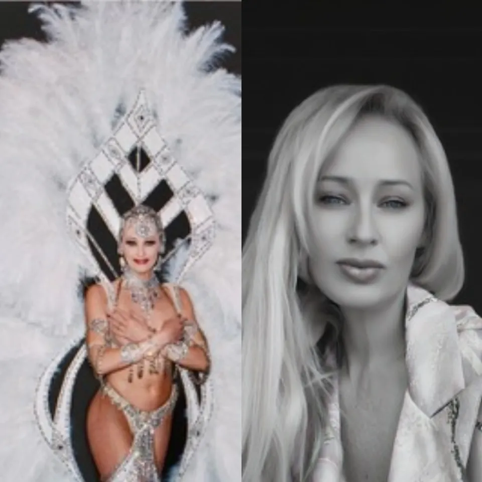 Split image: left shows woman in showgirl outfit, right is a grayscale close-up of a woman with long hair.