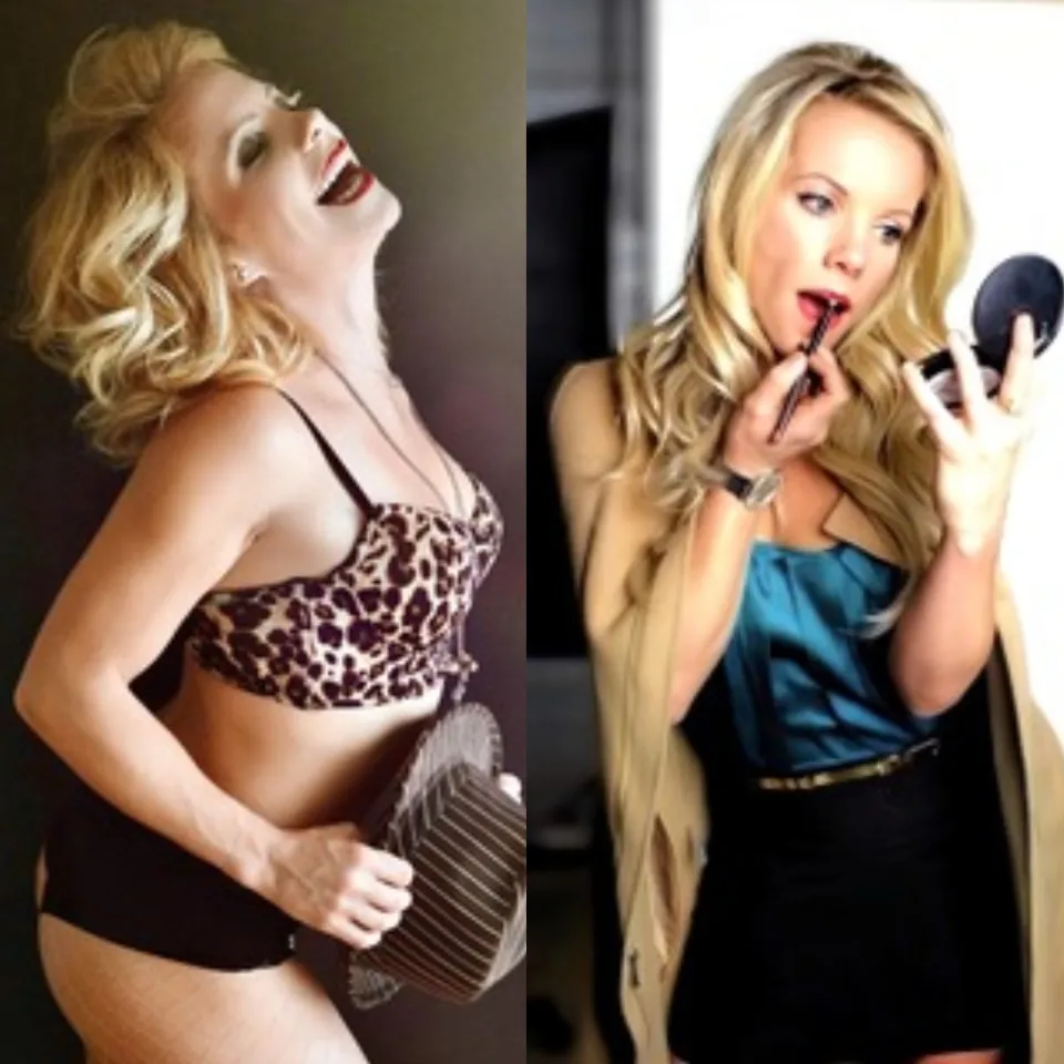 Side-by-side of woman in leopard print and black skirt, applying makeup in other image.