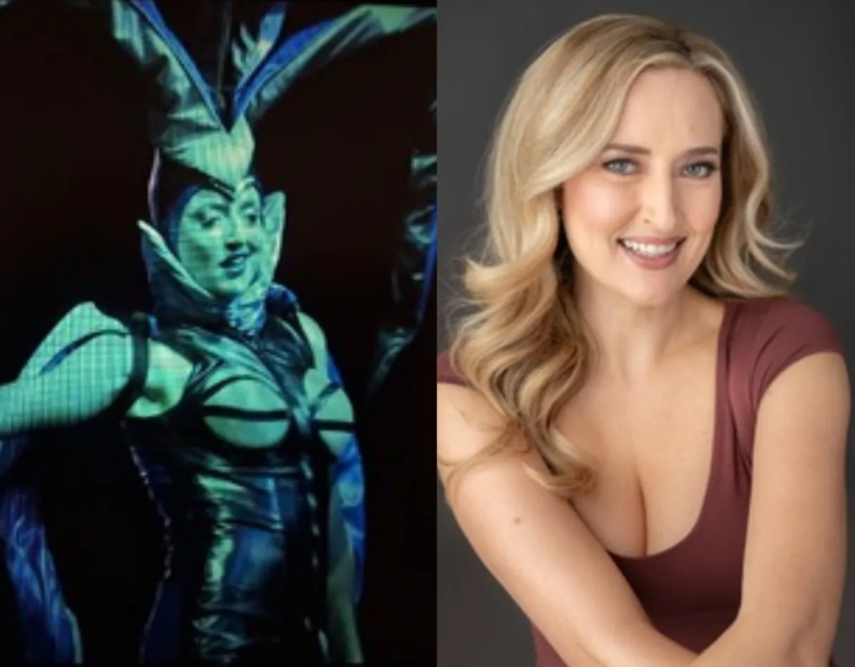 Side-by-side: person in costume with headpiece and person smiling in casual attire with long blonde hair.