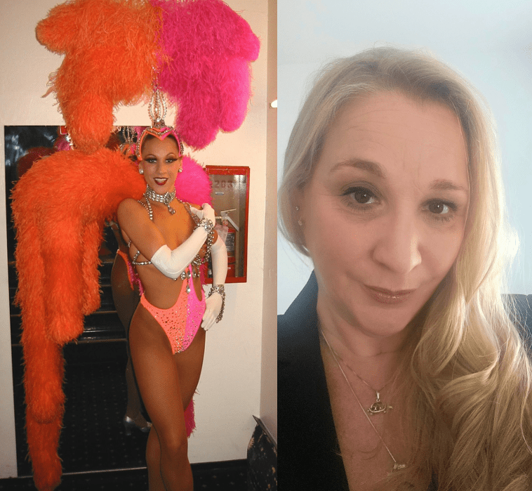 Left: person in showgirl costume, pink and orange feathers. Right: person with long blonde hair and black top.